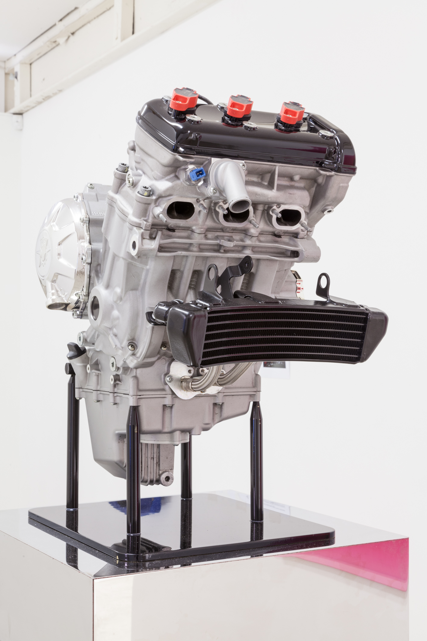 James Deutsher, “An education in exposure”, 2011/15, MV Agusta 675cc three cylinder dry engine with chrome and powder coat detailing, powder coated steel frame, dimensions variable