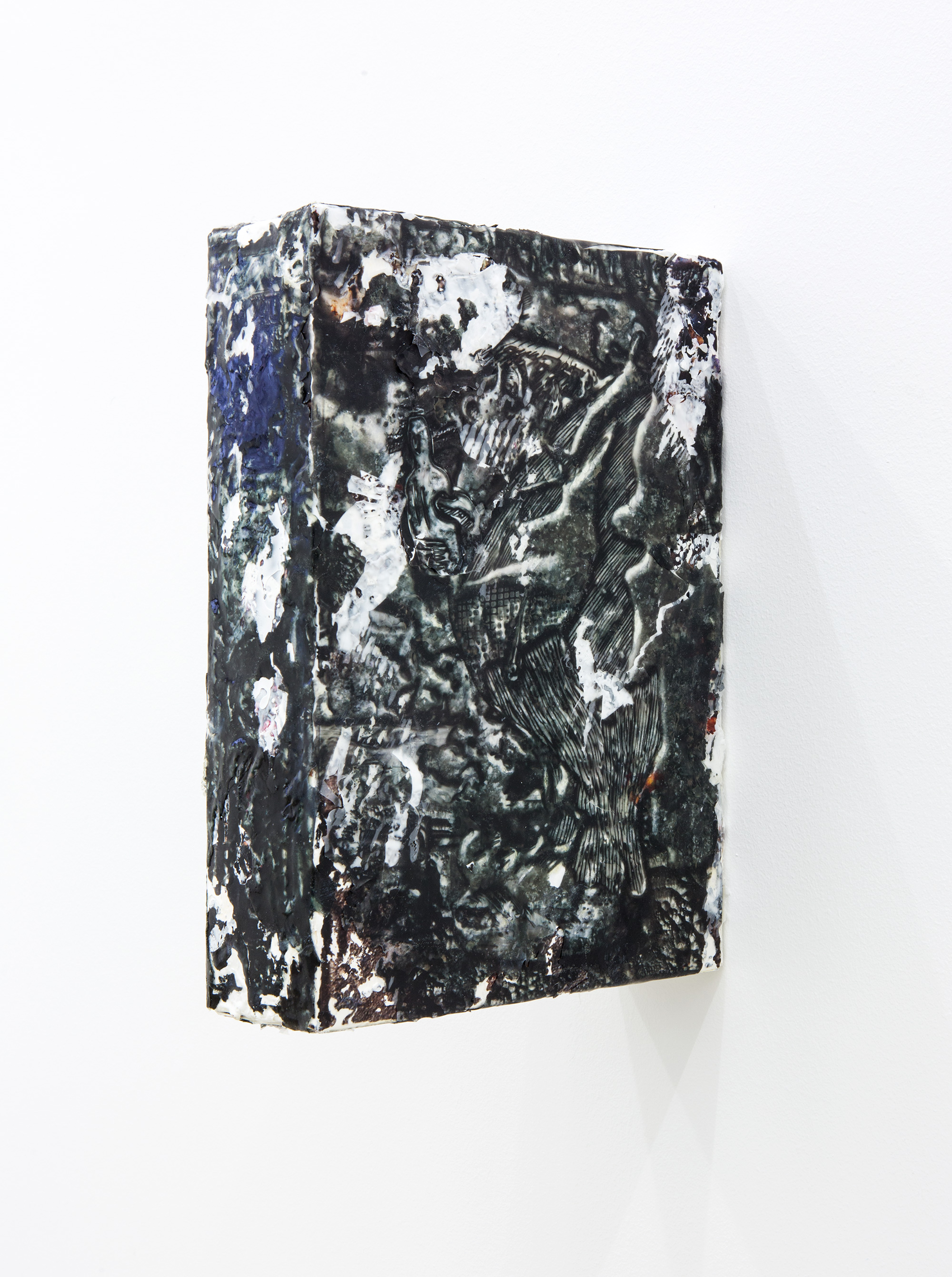 Joshua Petherick, “Petrified Dawn IV”, 2015, Plus Antioxidants in modified archival print packaging, polyurethane resin, weld-bond, carbon powder, silicone rubber, 33 × 22 × 7.5 cm