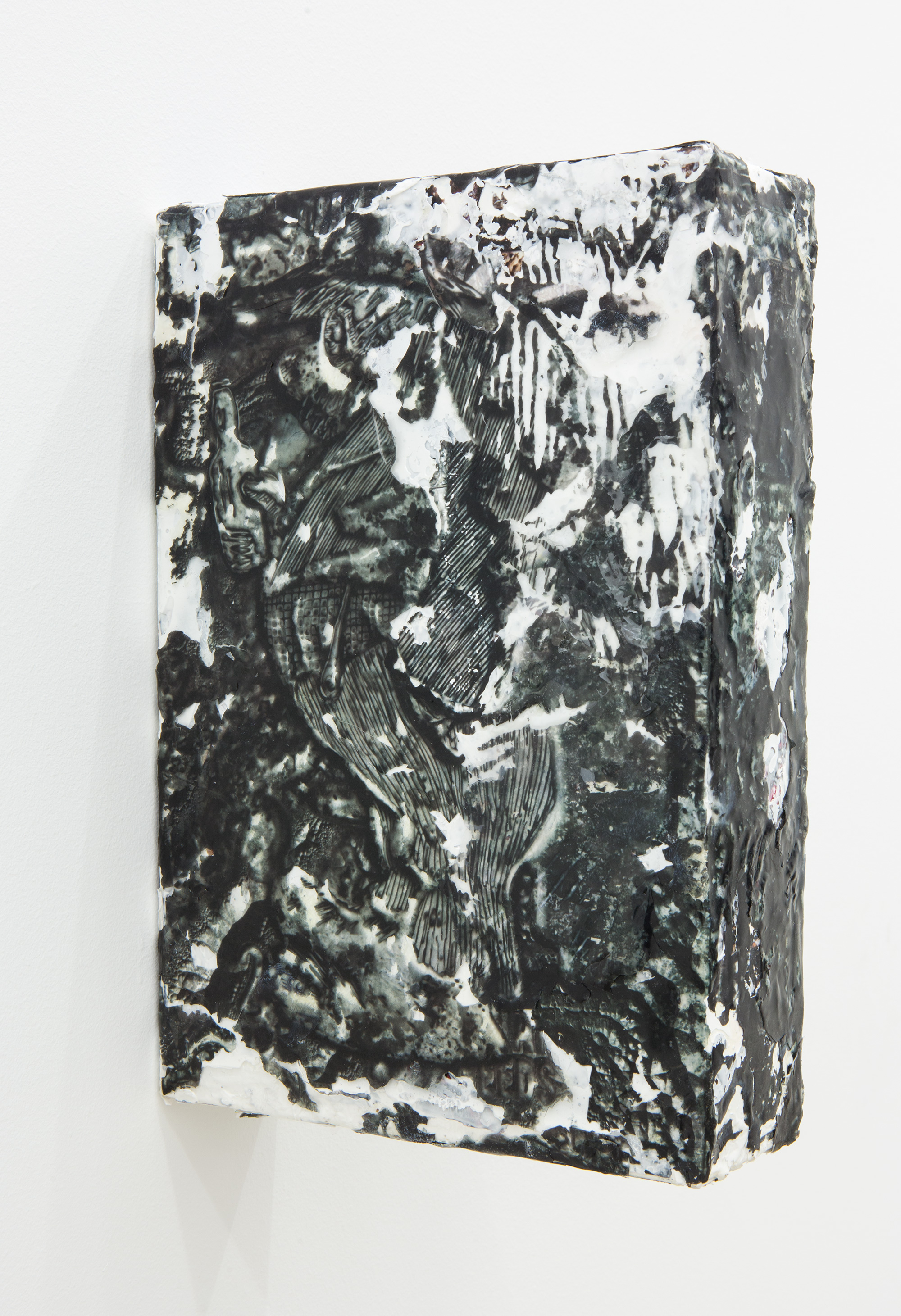 Joshua Petherick, “Petrified Dawn IV”, 2015, Plus Antioxidants in modified archival print packaging, polyurethane resin, weld-bond, carbon powder, silicone rubber, 33 × 22 × 7.5 cm