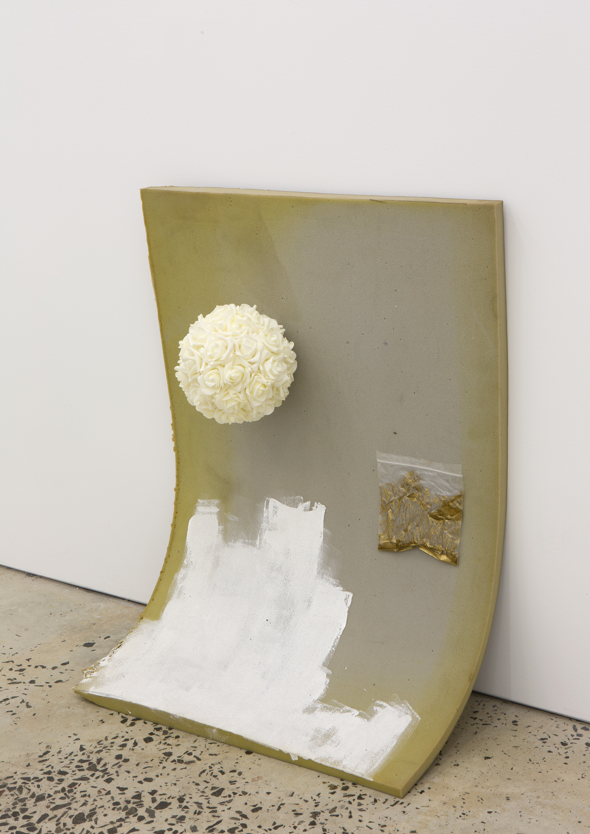 Marian Tubbs, “illusory overturned”, 2015, foam, enamel, acrylic, synthetic flowers, dimensions variable