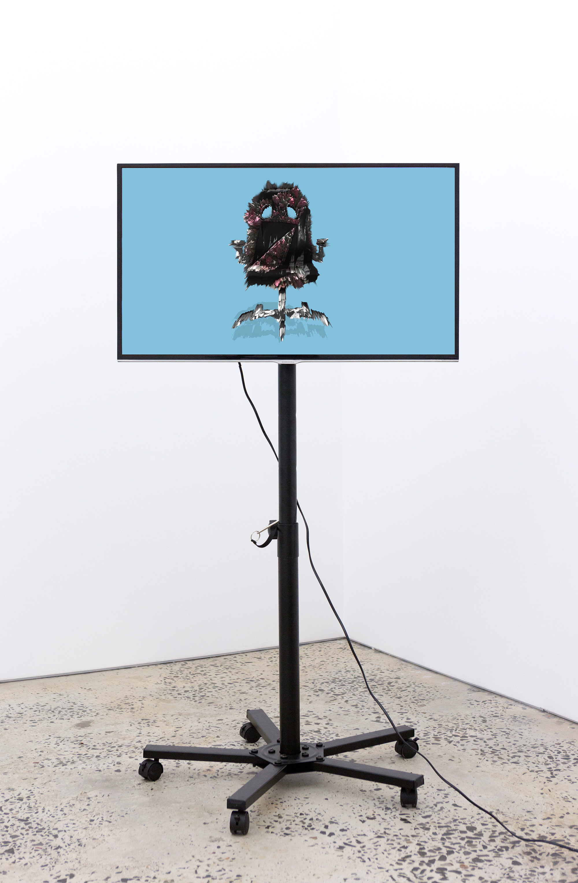 “Contemporary Monsters”, 2016, two-channel digital video, jelly shot glasses, gel wax, car air freshener, sheepskin, enamel paint, cereal, rubber mat, LED lights, computer tower, 11 minutes, 19 seconds