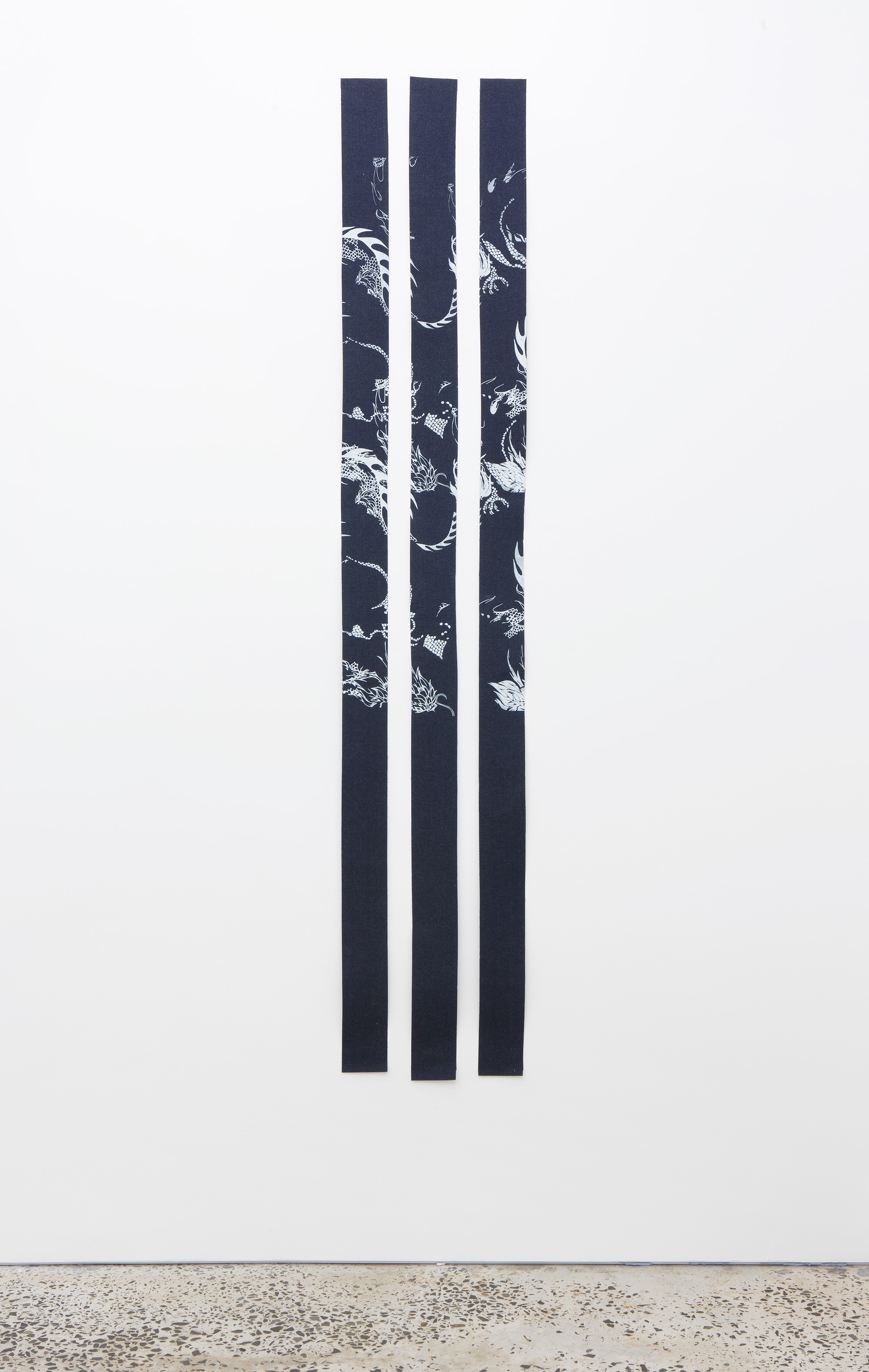 Ricarda Bigolin & James Deutsher, “HC SVNT DRACONES - Espresso Research 3 STRIPE”, 2015, silk screen pigment & foil transfer on Indigo raw denim 100% cotton, 210 × 10 cm