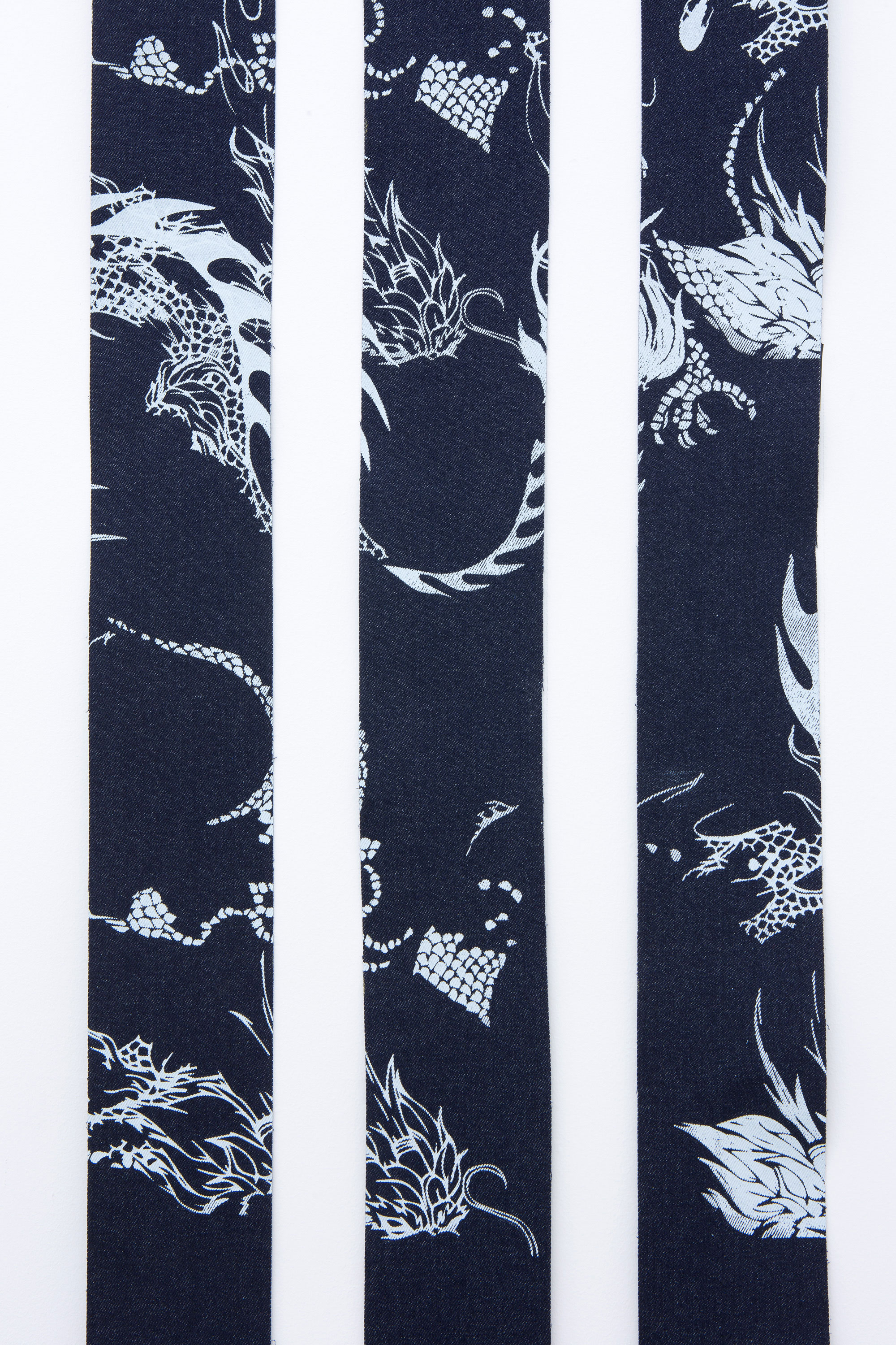 Ricarda Bigolin & James Deutsher, “HC SVNT DRACONES - Espresso Research 3 STRIPE” (detail), 2015, silk screen pigment & foil transfer on Indigo raw denim 100% cotton, 210 × 10 cm