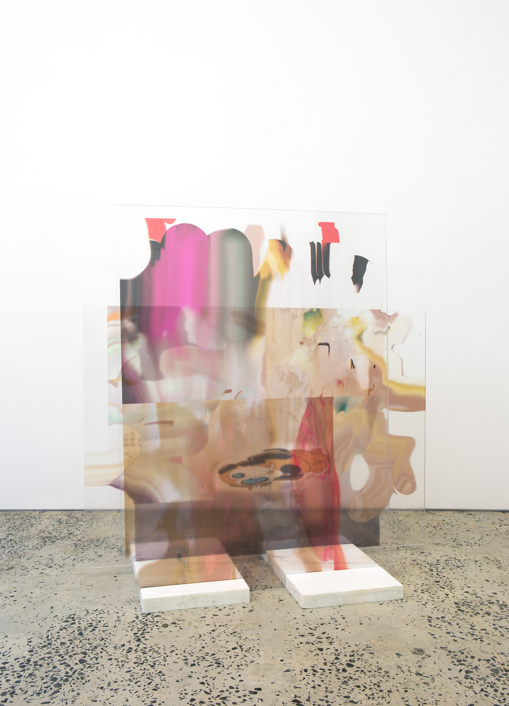Marian Tubbs, “to banish air with air”, 2014, digital prints on SAV clear, acrylic, marble 1450 × 1390 × 645 mm
