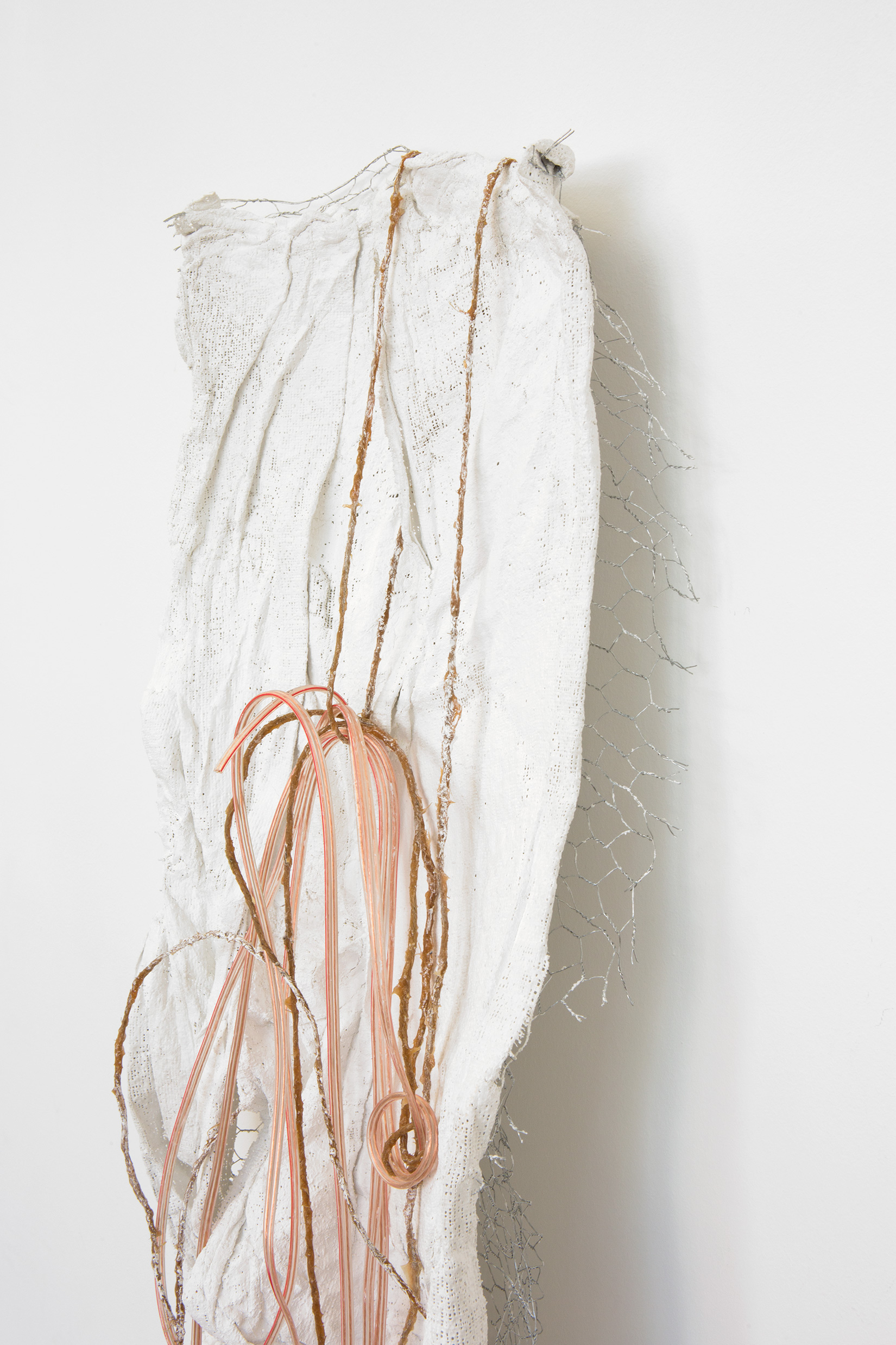 Marian Tubbs, “to bribe them by a rose” (detail), 2014, twine, latex, speaker cable, plaster bandage, wire, 1300 × 350 × 120 mm