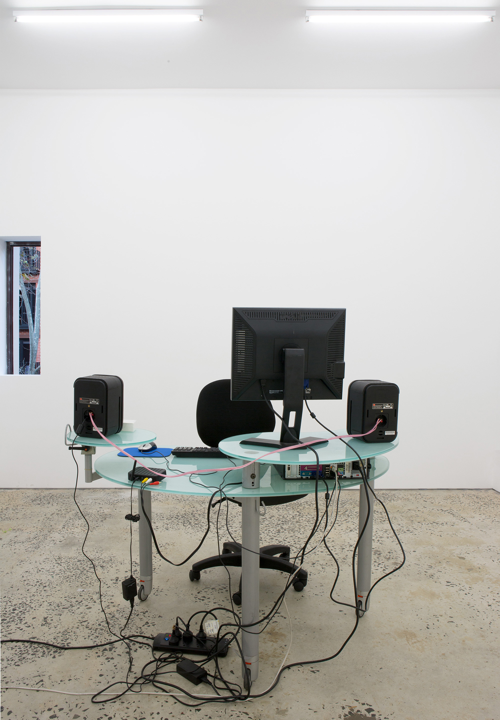"Potpourri", 2014, video stream, Dell desktop computer, office chair, 3 tiered frosted glass computer desk, speakers, business cards